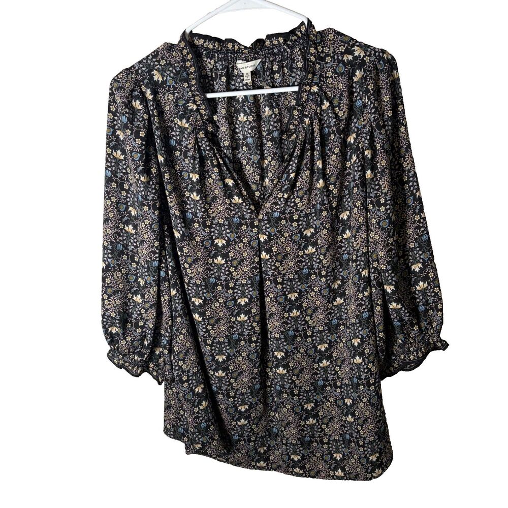 Max Studio Blouse Women's 1X Black Floral V-Neck 3/4 Sleeve Lightweight Top